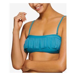 HULA HONEY Women's Blue Stretch Fringe Removable Cups Tie Bandeau Swimsuit Top S